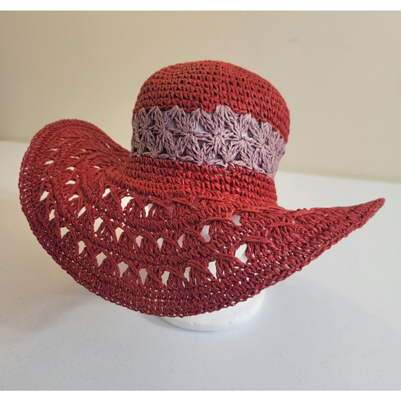 Unbranded Accessories - Summer Straw Sun Hat Women's Red Weaved Wide Brim Floppy Party Beach One Size
